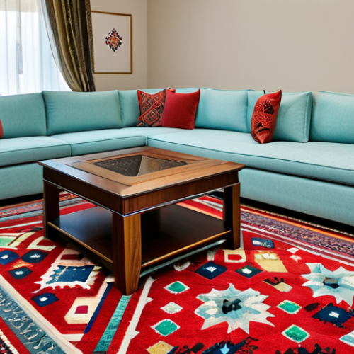 Home 14 **
"A brightly colored, geometric Kuwaiti carpet displayed in a modern living room. The carpet features traditional patterns like diamonds and stars, with rich reds, blues, and greens. Modern furniture complements the carpet, showcasing a blend of old and new. The scene is well-lit, emphasizing the carpet's detail and texture. fully clothed, appropriate content, safe for work, perfect anatomy, natural proportions, professional photography, high quality, modest decor."
**