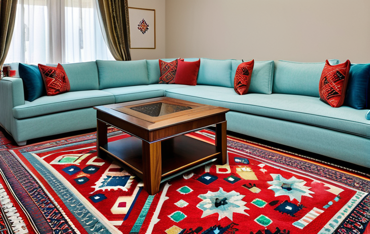 **

"A brightly colored, geometric Kuwaiti carpet displayed in a modern living room. The carpet features traditional patterns like diamonds and stars, with rich reds, blues, and greens. Modern furniture complements the carpet, showcasing a blend of old and new. The scene is well-lit, emphasizing the carpet's detail and texture. fully clothed, appropriate content, safe for work, perfect anatomy, natural proportions, professional photography, high quality, modest decor."

**