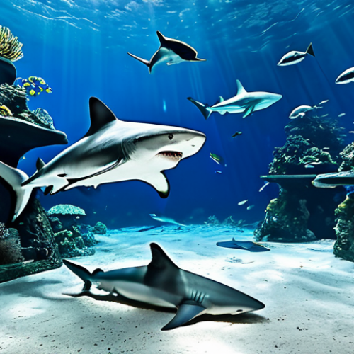 Home 9 Majestic Sharks and Rays**
"A large aquarium tank filled with various species of sharks and rays, gliding gracefully through the water. Corals and rocks are visible on the bottom of the tank. Professional photography, high resolution, perfect anatomy, correct proportions, fully clothed viewers observing in the background, safe for work, appropriate content, family-friendly, modest environment."
**