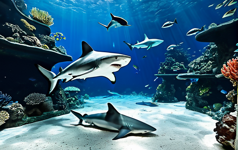 Majestic Sharks and Rays**

"A large aquarium tank filled with various species of sharks and rays, gliding gracefully through the water. Corals and rocks are visible on the bottom of the tank. Professional photography, high resolution, perfect anatomy, correct proportions, fully clothed viewers observing in the background, safe for work, appropriate content, family-friendly, modest environment."

**